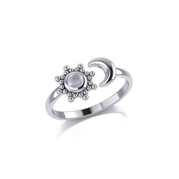 Gemstone Flower with Crescent Moon Silver Ring TRI1875 - Jewelry